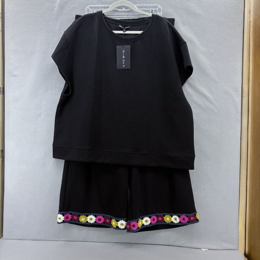 SEE AND BE SEEN Womens Black Textured 2 Piece Wide Leg Crochet Detail Boho SZ 2X